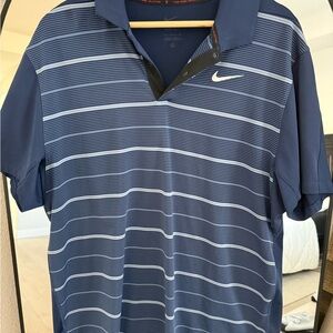 Nike Men's Navy and White Striped Polo Shirt